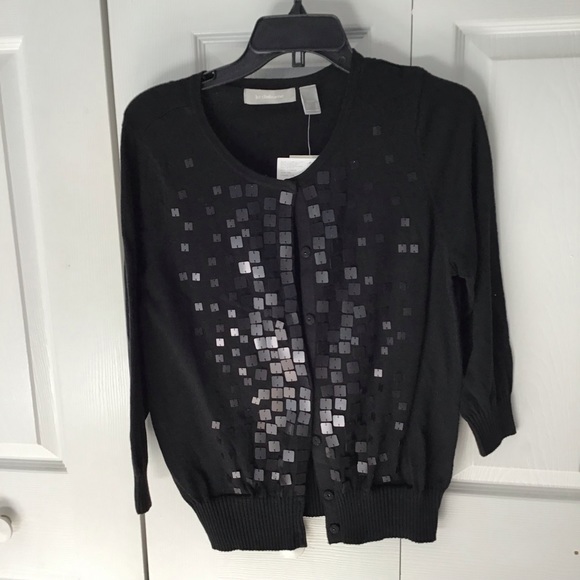 Vintage Liz Claiborne Black Cardigan With Silver Square sequence PL - Picture 3 of 10